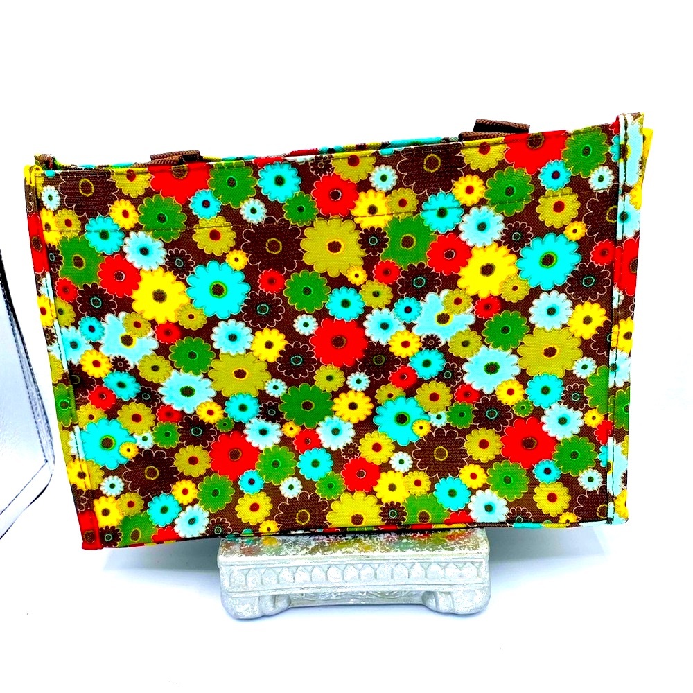 Thirty One Brand Open Tote Brown Background With Brightly Colored Floral Design